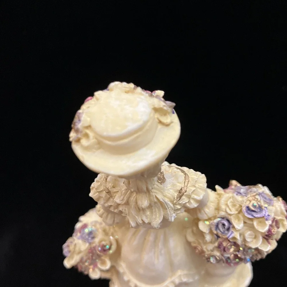 Vintage Victorian Woman w/ Basket of Shimmery Flowers Colonial Lady Figurine